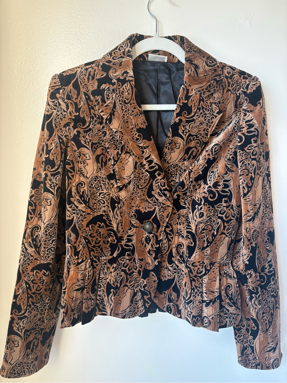 Vintage Georgiou Velvet Gold Metallic Floral Jacquard Fitted Peplum Blazer 8